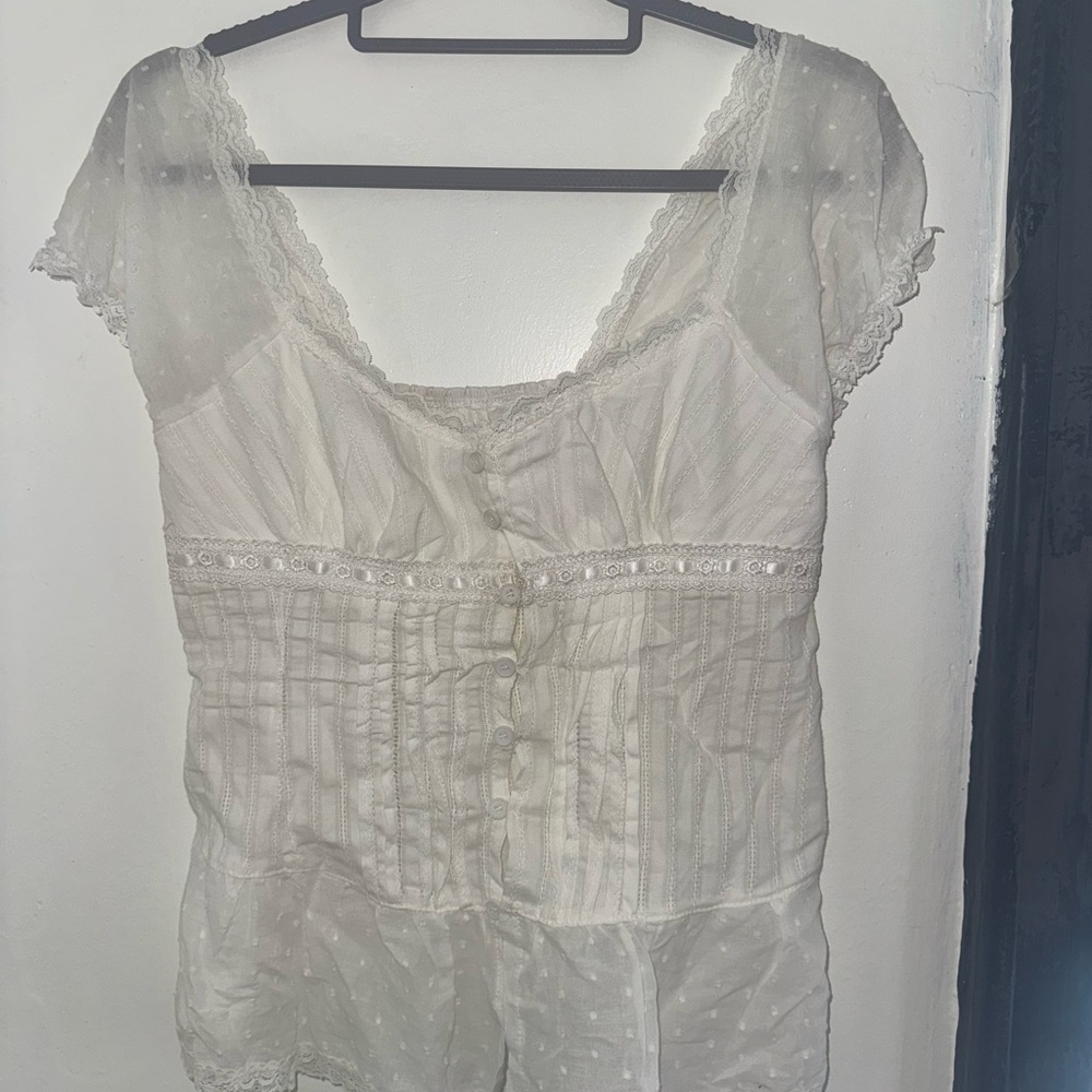 Y2K Sheer White Lace Blouse button up bustier top